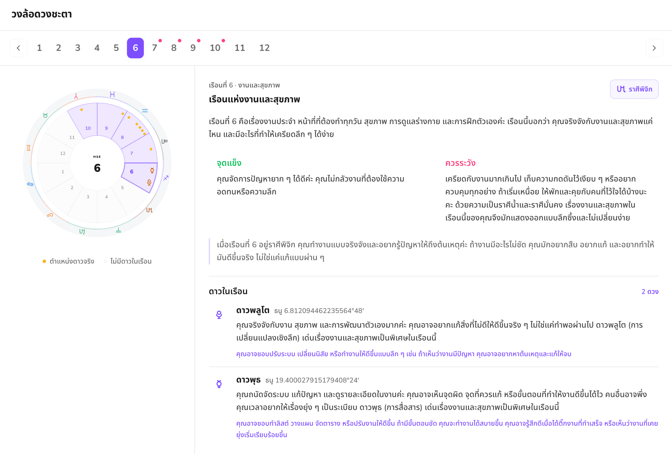 หน้าจอ Wheel of chart แสดงเรือนชะตาแต่ละเรือนพร้อมคำอธิบายดาวที่สถิตอยู่