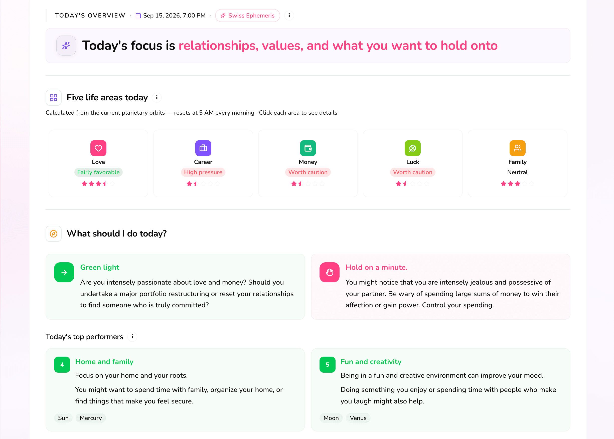 AiRA's today's-overview screen, broken into five life areas with what to lean into and what to watch.